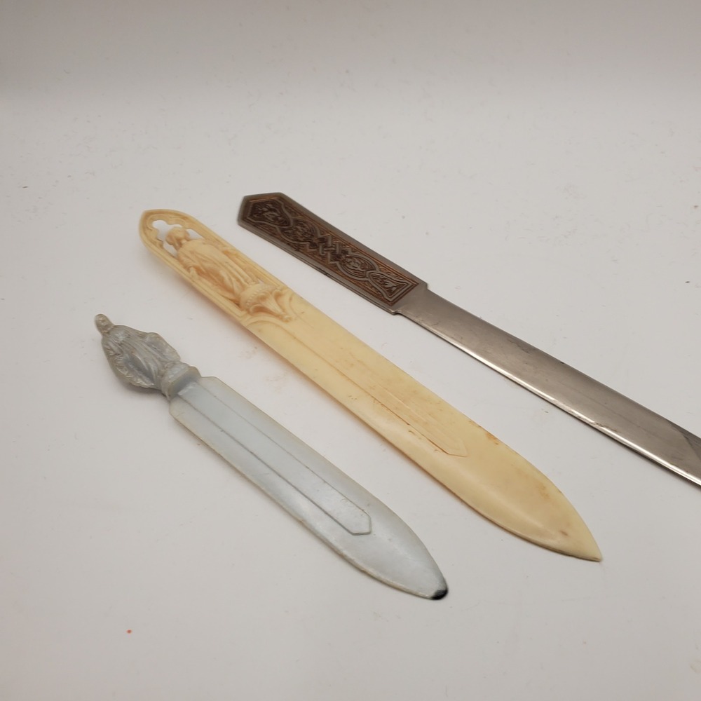 Vintage Religious Letter Opener Set Virgin Mary Celluloid Celtic Knot 3pc